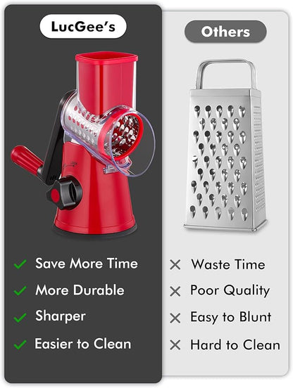 Rotary Cheese Grater with Handle - 3 in 1 Cheese Shredder Rotary Grater Stainless Steel Handheld, Vegetable Slicer for Fruit, Cheese, Nuts(Red)