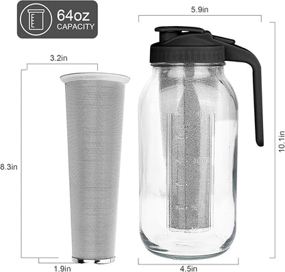 Cold Brew Coffee Maker,64 oz Mason Jar Pitcher with Stainless Steel Filter, Pour Spout Handle Lid, Heavy Duty Glass Airtight & Leak-Proof Pitcher for iced coffee Tea Lemonade