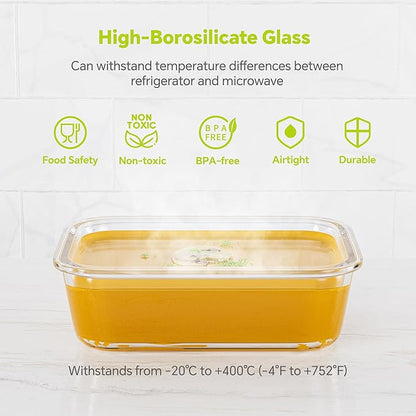 5-Pack 35 oz Borosilicate Glass Food Storage Containers with Lids, Stackable Airtight Glass Meal Prep Containers for Lunch & Leftover, BPA-Free & Leak Proof, for Microwave, Oven, Dishwasher