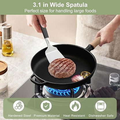 Beijiyi Stainless Steel Spatula Set, 2 Pcs Small Metal Spatula for Cast Iron Skillet, Solid and Slotted Turner Spatulas for Kitchen Use with Silicone Handle, Cooking Utensils for Eggs, Burger, Steak