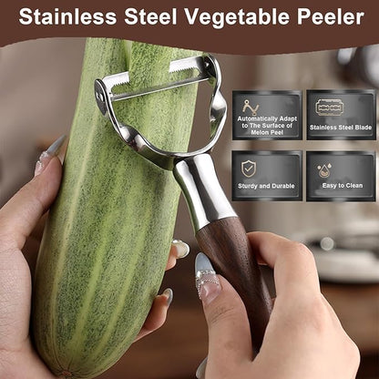 Premium Vegetable Peeler - Stainless Steel Serrated Y Potatoe Peeler for Veggie, Carrots, Apples - Ultra Sharp Swivel Blade Fruit Peeler with Ergonomic Natural Wood Handle