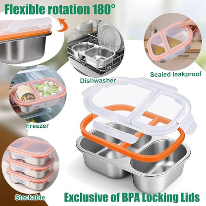 Palksky Lunch Containers Meal Prep Containers Stainless Steel, 2 Compartment Food Storage Containers with Leak-Proof Lids, Reusable Airtight Bento lunch Boxes, Kitchen Storage, Freezer (4 Packs)