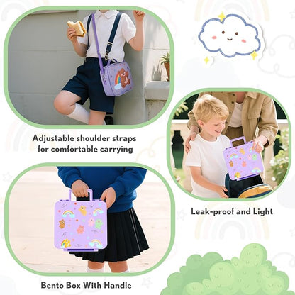 Lunch Box Kids with 5 Compartments, Insulated Food Jar & Utensil & Sauce Container & Lunch Bag & Silicone Collapsible Cup, Leak Proof Bento Box, BPA-Free & Dishwasher Safe-Soft Purple