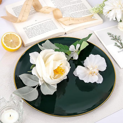 bUCLA 100PCS Green Plastic Plates - Heavy Duty Green Disposable with Gold Rim Include 50 Dinner 10 inch & 50 Dessert 7 inch Plates, Ideal for Party & Christmas