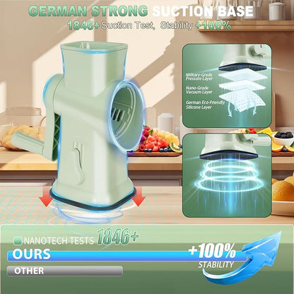 2025 Upgrade 6-In-1 Cheese Grater【 Military-Grade SUS304 Blade - 3S Fast Cut】【SGS Certification - German Nano Strong Suction Base】Cheese Grater Hand Crank Suitable for Home Use (Green)