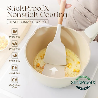 PRICUSIS Ceramic Nonstick Saucepan with Lid, 2 Quart Non Toxic Pot with Pour Spouts, Full Coated, 100% Dishwasher Safe, Induction Compatible & Oven Safe, PTFE PFAS & PFOA Free, Coconut White