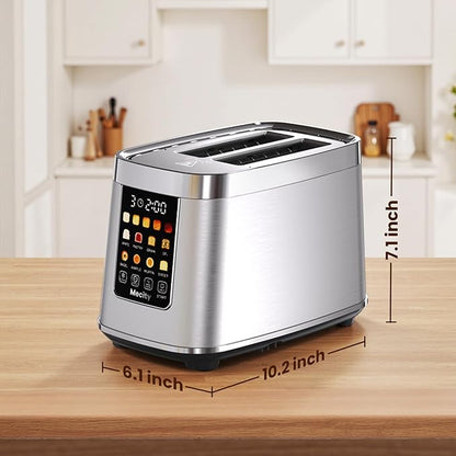 Mecity 2 Slice Toaster with Touch Screen & Auto Lift, Stainless Steel Cool-Touch Toaster with 8 Bread Settings, 5 Shade Levels, 1200W High Power, Keep Warm & Reheat Function, Stainless Steel, 120V