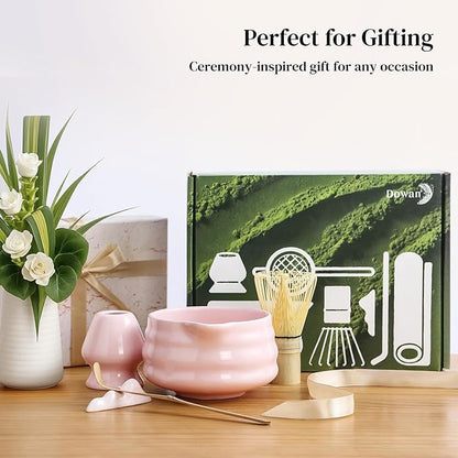 DOWAN Matcha Whisk Set, 7 Pcs Matcha Set Includes Bowl with Spout, Whisk and Holder, Bamboo Scoop and Holder, Sifter and Tea Towel - 7 Pcs Matcha Kit Gift for Lovers Beginners, Christmas (Pink)