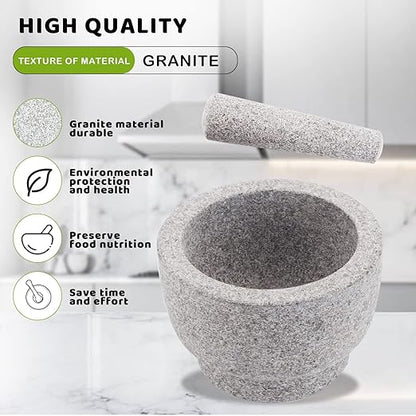 Mortar and Pestle Set,Heavy Duty,Unpolished Granite,8Inch-5Cup Capacity,Grinder for Spices and Seeds,Grinding,Crushing and Mashing Spices,Nuts,for Guacamole,Garlic Sauce,Gray.