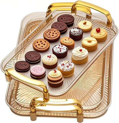 Serving Tray with Handles Set of 3 Rectangular Large Serving Platters 16.5/14.9/13.2 Inch White Plates for Dinner, Party, Entertaining, Amber