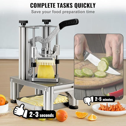 VEVOR Commercial French Fry Cutter with 4 Replacement Blades, 1/4" and 3/8" Blade Easy Dicer Chopper, 6-wedge Slicer and 6-wedge Apple Corer, Lemon Potato Cutter for French Fries with Extended Handle