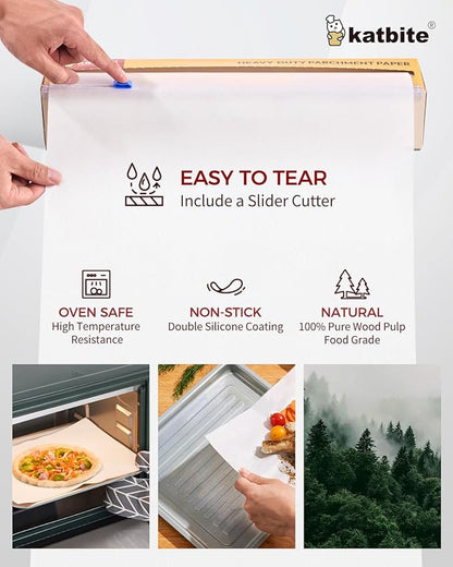 Katbite Parchment Paper Roll for Baking, 2 Pack of 15 in x 210 ft, Heavy Duty Cooking Paper for Baking Bread, Cookies, Non-stick for Oven, Air Fryer, Steamer, Heat Press with 2Pcs of Slide Cutter