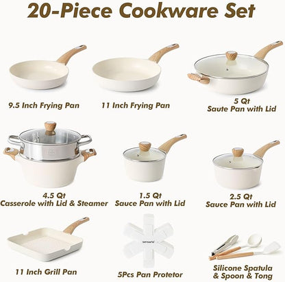 SENSARTE Ceramic Cookware Sets, Pots and Pans Set Nonstick, 20-Piece Induction Cookware, Non-toxic Healthy Non Stick Kitchen Cooking Set with Stay-Cool Handles, PFAS PTFE PFOA PFOS Free