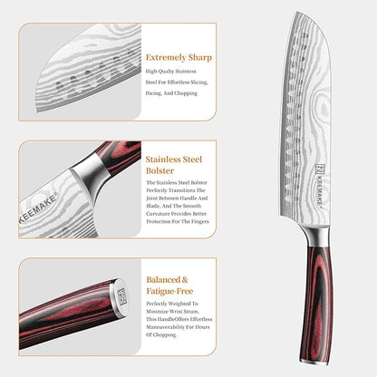 KEEMAKE 7 Inch Japanese Santoku Knife, Ultra-Sharp 1.4116 High Carbon Steel Blade with Pakkawood Handle, Professional Chef's Knife for Kitchen w/Sheath and Gift Box