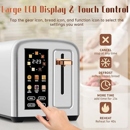 SEEDEEM Toaster 2 Slice with Touch Screen, Faster Heating Speed, 7 Shade Setting, 6 Bread Type, 1.5”Wide Slots Toaster, Removable Crumb Tray, 1350W, Silver Metallic