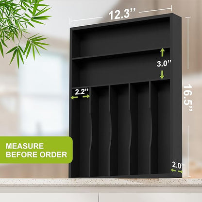 Sliverware Organizer, Bamboo Kitchen Drawer Organizer, Flatware Organizer Tray Holder for Sliverware, Utensil & Cutlery (7 Slots, Black)