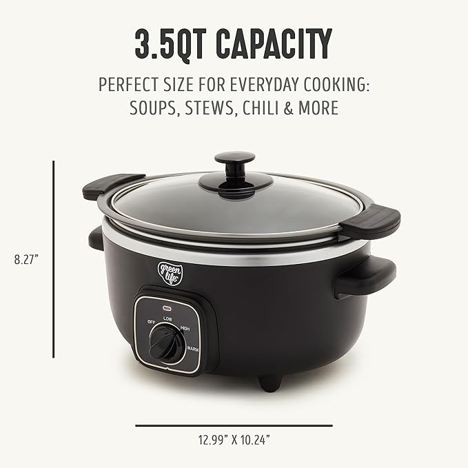 GreenLife 3.5QT Slow Cooker, Non-Toxic PFAS-Free Ceramic Nonstick Removable Interior Bowl, Programmable, Keep Warm, Stovetop & Oven Safe, Dishwasher Safe Parts, Glass Lid, Black