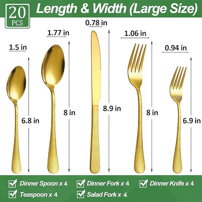 20 Pcs Gold Silverware Set for 4 with Hammered Design, Food Grade Stainless Steel Flatware Set, Eating Utensils Sets Include Fork/Knife/Spoon, Cutlery Set, Dishwasher Safe