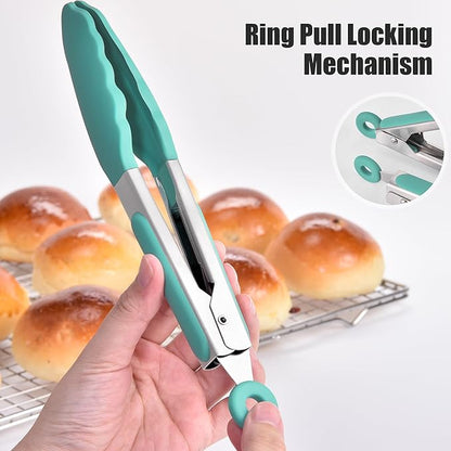 Doosu Kitchen Tongs for Cooking - 600°F Heat Resistant Food Tong with Non-Scratch Silicone Tips, Heavy Duty Stainless Steel Locking Tong for BBQ, Grilling Steak, Serving Salad, Pasta (7in, Aqua Sky)