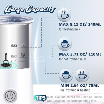 Huogary Milk Forther Simple Milk Frother and Steamer 2-in-1 Milk Steamer with Hot Milk Foam and Hot Milk for Latte, Macchiato, Cappuccinos, White （Medium）