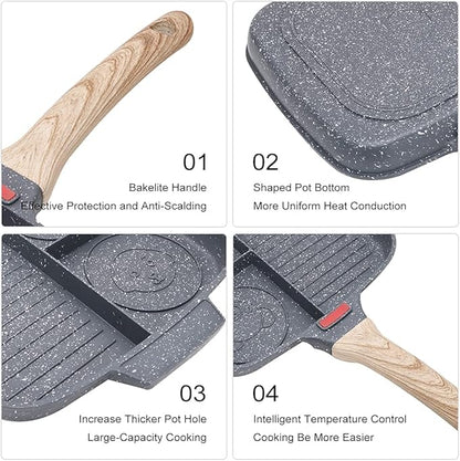 Sectional Skillet, Grill Pans for Stove Tops Nonstick 3 Section Breakfast Pan Meal Skillet Griddle Divided Pan, with Silicone Brush & Clip, 10.5”