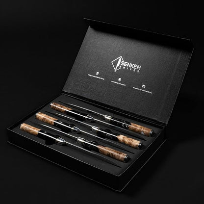 SENKEN Damascus Steak Knife Set - Black Tsunami Collection - 67-Layer Japanese VG10 Steel - Razor Sharp Non-Serrated Blades, Black Resin & Burl Wood Handles, Luxury Gift Box