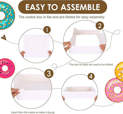 Moretoes 24pcs Bakery Boxes, 14x10x2.5 Inch Treat Boxes with Window for Chocolate Covered Strawberries, Donuts, Pies, Muffins and Pastries (White)
