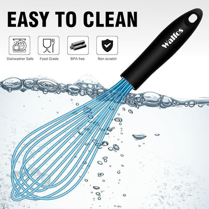 Walfos Silicone Whisk, Sturdy Stainless Steel Wire Kitchen Whisks, Heat Resistant up to 480℉ Whisk For Cooking Non Scratch, Multicolor 5+7+9+11in Whisks & 5+7in Mini Wisk, Great for home baking.