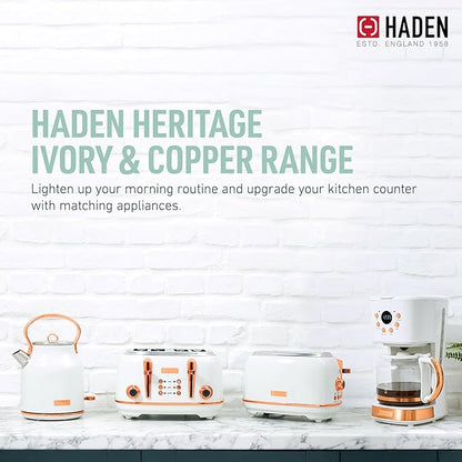 Haden Heritage 2 Slice Wide Slot Stainless Steel Toaster Bundled with 12 Cup Programmable Drip Coffee Maker Coffee Machine, Ivory & Copper