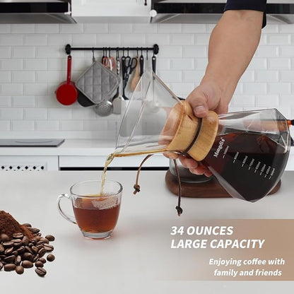 Mongdio 34oz/1000ml Pour Over Coffee Maker with Reusable Stainless Steel Filter and Wooden Collar Holder, 6-8 Cups Borosilicate Glass Coffee Maker for Camping Home, Clear