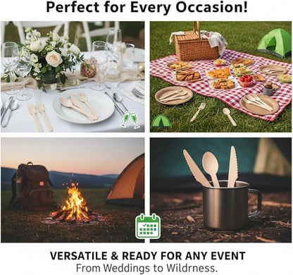 500 Pieces Disposable Cutlery, Wooden Utensils Set [200 Spoons, 200 Forks, 100 Knives] - Disposable Wooden Cutlery, Eco-Friendly Forks and Spoons, Compostable Cutlery Set Party Utensils