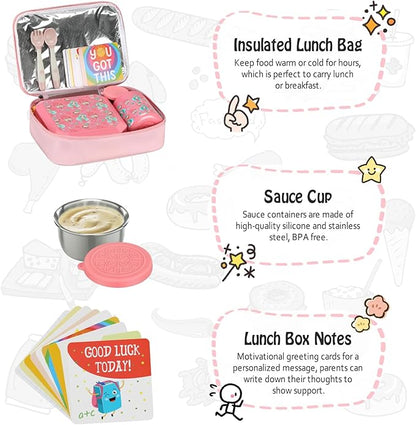 Itslife Bento Lunch Box Set for Kids with 12oz Soup Thermo&Lunch Bag, Leak-Proof Lunch Food Containers for Kids School, 5 Compartment, Sauce Cup, 10 Notes (Unicorn Pink)