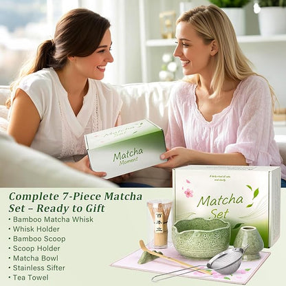 ALBISS Matcha Whisk Set - 7 Pcs Ceramic Matcha Kit with 18oz Spout Bowl & Cherry Blossom Design, Bamboo Whisk & Holder, Scoop, Rest, Sifter, Towel, Elegant Japanese Tea Gift Set for Macha Lover, Green