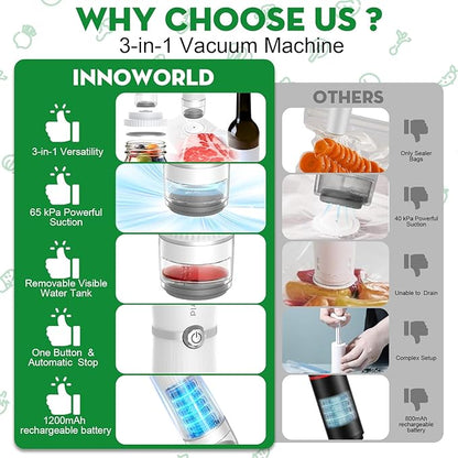 3-in-1 Vacuum Sealer for Food Compatible with Vacuum Bag, Mason Jar, Wine Bottle, Handheld Saver Compact Vacuum Sealer Machine with 14 Reusable Bags, 14 Mason Jar Lids, Wine Stopper