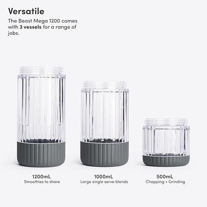 Beast Mega 1200 Plus | Premium Countertop Blender | Smoothies, Shakes, Sauces, Dips, Soups | Blends Ice and Frozen Fruit | XL Vessel | With Extra Vessels, Straw System | (Charcoal, 120V)