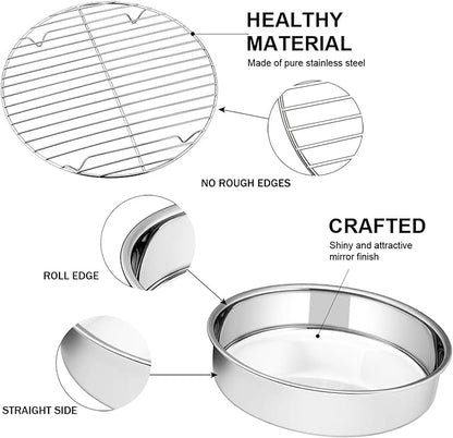 E-far 8-inch Round Cake Pan with Rack Set, Stainless Steel Cake Pans Tins and Baking Cooling Racks, Non Toxic & Healthy, Mirror Polished & Dishwasher Safe - 4 Pieces (2 Pans + 2 Racks)