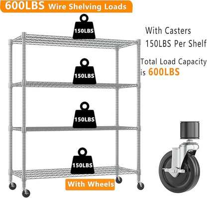Himimi Storage Shelves 60"W Wire Shelving with Wheels 2600LBS Heavy Duty Metal Shelves for Storage, 4-Tier Adjustable Wire Rack Shelving Garage Shelving Kitchen Storage Shelves 24"Dx60"Wx72"H, Silver