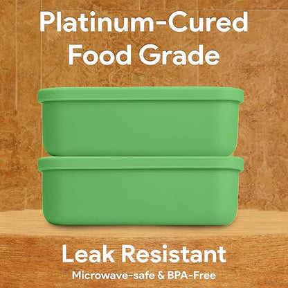Platinum Silicone Bento Lunch Box Set of 2 – 3 Compartments, Leakproof, Versatile, Durable, Microwave & Freezer Safe, Meal Prep Container, Food Storage for All Ages (Watermelon Green)