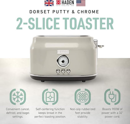Haden Dorset 2 Slice Wide Slot Stainless Steel Toaster with Adjustable Browning Control & Non-Slip Feet, Putty & Chrome