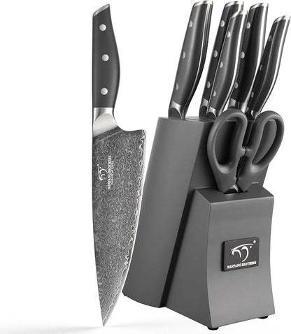 NF NANFANG BROTHERS Damascus Kitchen Knife Set, 7-Piece with Block, ABS Ergonomic Handle, Carving Fork, Disconnect-type Knife Block (Grey)