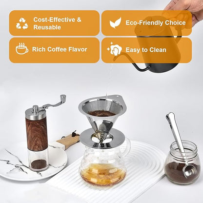 Pour Over Coffee Dripper Stainless Steel Reusable Filter Paperless Cone Coffee Maker Dripper for 1-2 Cup