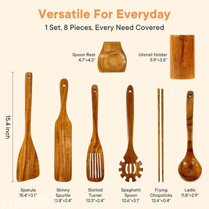 Non-Toxic Wooden Utensils for Cooking - Natural Acacia & Glue-Free,15.4" Large Spatula Set, Long Handle for Scald-Resistant, Wood Kitchen Spoons/Chopsticks/Holder, for Non Stick Frying Pans by ALYFINI