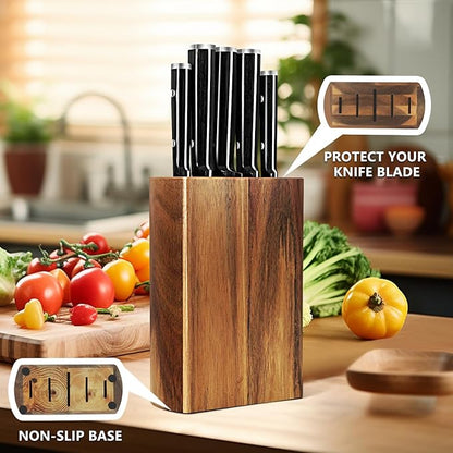 Knife Set,6-Piece Kitchen Knife for Home Use, Sharp Knife Set with Natural Acacia Wood Knife Block, Germen Steel Wood Handle Kitchen Knife Block Set, Ergonomical Design ((Ink-black))