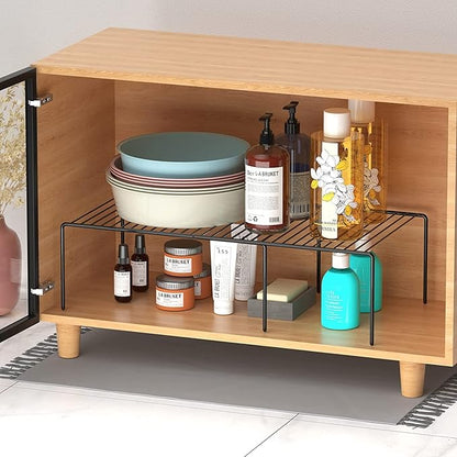 Kitchen Cabinet Expandable Shelf Organizers Set of 2, Adjustable Metal Wire Pantry Storage Shelves, Plate Dish Organizer Rack for Cabinets, Cupboard, Counter, Freezer, Countertop, Black