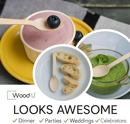 Disposable Wooden Spoons by WoodU | 100% All-Natural, Eco-Friendly, Biodegradable, and Compostable - Pack of 200-6.5" Spoon
