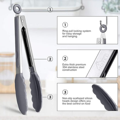 HOTEC Premium Stainless Steel Locking Kitchen Tongs with Silicon Tips, Set of 2-9" and 12" Light Grey
