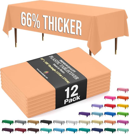 Exquisite 66% Thicker Premium Plastic Table Cloth Rectangle Table Cover 0.5 Mil 12 Pack Peach Table Cloth 54 Inch x 108 Inch Disposable Tablecloth Won't Tear Easily Like Cheap Thin Brands