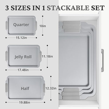 BRONYPRO Non Stick Ceramic Baking Sheet Pan Set of 3, Natural Non Toxic Cookie Sheets for Baking - PFOA, PTFE Free, Aluminized Steel Oven Trays for Cooking with Silicone Handles, Light Gray