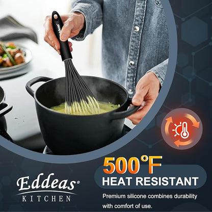 Silicone Whisk - Non Scratch Whisks for Cooking, 500°F Heat Resistant Siliocne Wisk tool, Heavy Duty Kitchen Whisks, for Blending, Beating, set of 4 (5+7+9+11 inch) Black