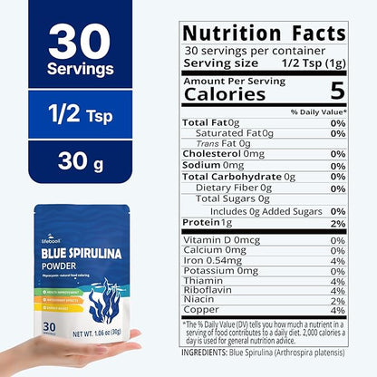 Blue Spirulina Powder, 100% Natural Pure Phycocyanin Extract from Blue-Green Algae, Vegan, Gluten-Free, Non-GMO, Food Coloring for Smoothies, Baking & Drinks, 30g